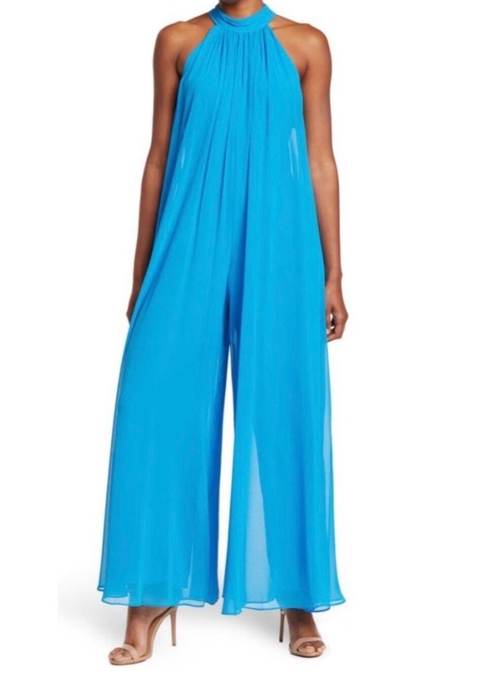 1.STATE Cerulean Blue Chiffon Halter Neck Wide Leg Jumpsuit Back Tie Small